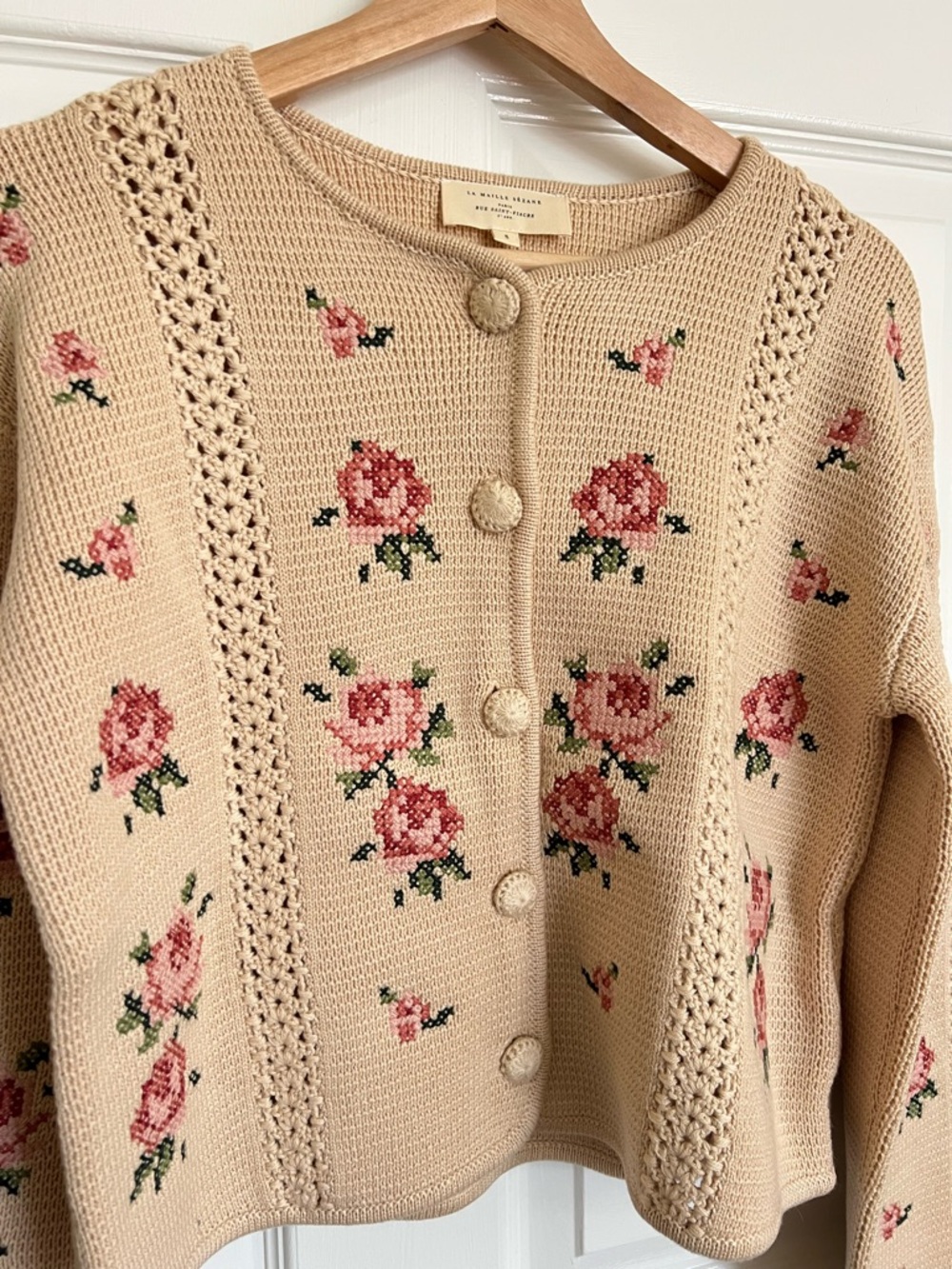 Sezane Cream Floral Knit Button-Front Women's Sweater - Picture 6 of 14